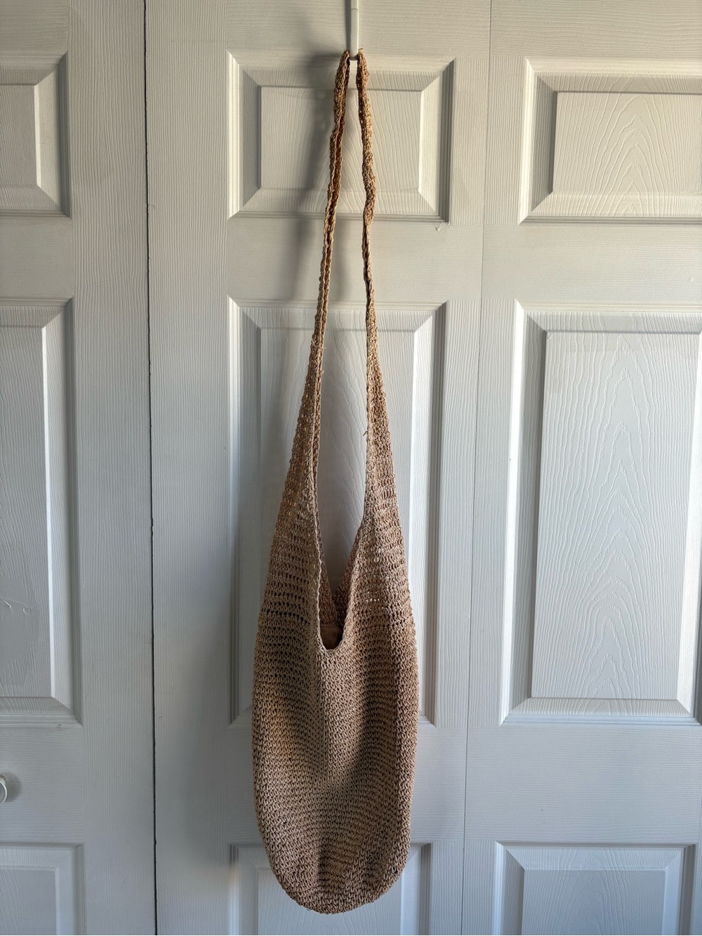 Tan Crochet Purse Crossbody Slouchy Boho Shabby Hippie Hobo Long Handle Festival